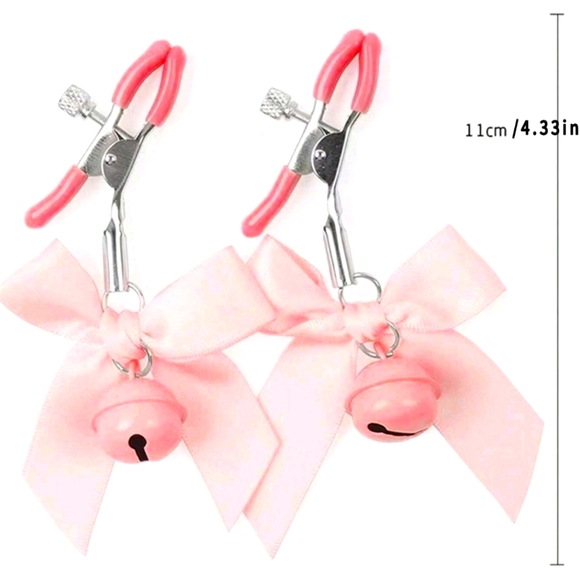 Nipple Clamps With Pink Satin Bows & Dangley Jingle Bells (OS) - Picture 1 of 11